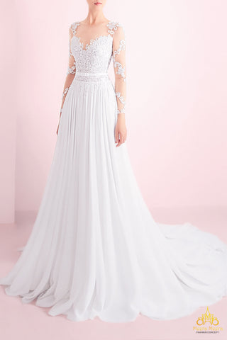 váy cưới chữ A suôn tùng lụa tay dài xuyên thấu