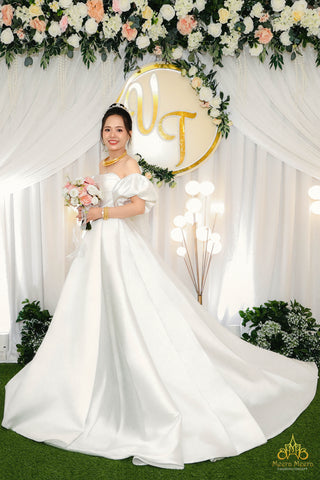 áo cưới chữ A cúp ngực tay phồng chất liệu satin