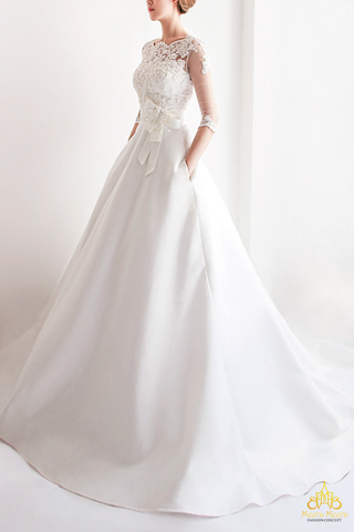 áo cưới chữ A satin cổ thuyền tay lỡ ren