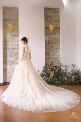 áo cưới Công nương màu champagne cổ cao tay dài