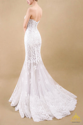 váy cưới corset bán xuyên thấu phối ren Alencon