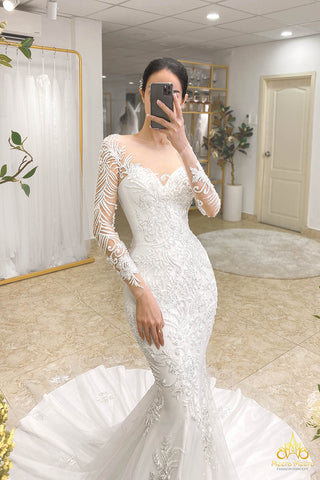 váy cưới đuôi cá dạ hội tùng lụa tay dài lộng lẫy