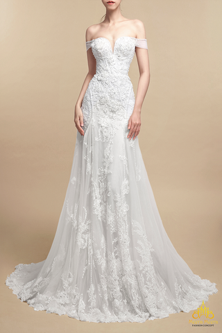 áo cưới fit and flare trễ vai lưới phối ren lộng lẫy