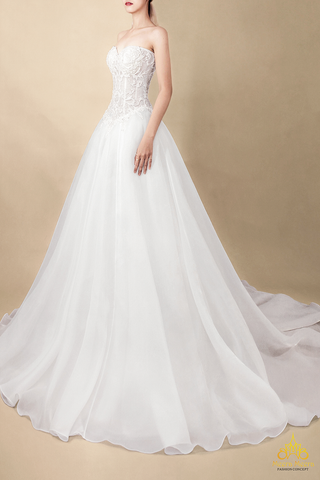 áo cưới hạ eo cúp ngực corset tùng voan