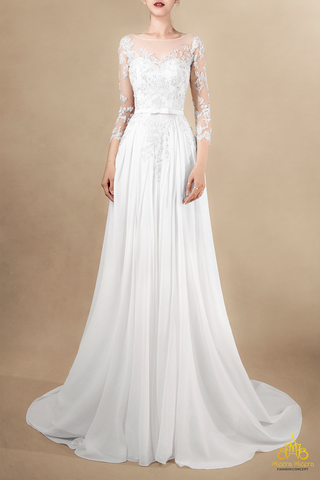 váy cưới lụa dáng A suôn tay lỡ xuyên thấu ren