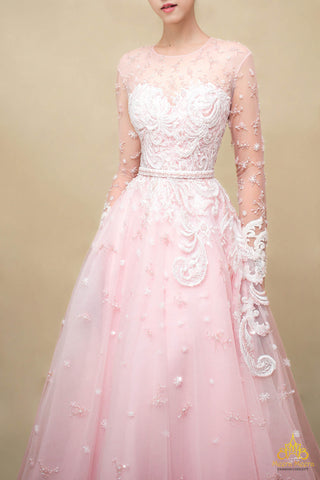 ÁO CƯỚI CHỮ A TAY DÀI TÙNG CHUÔNG LƯỚI MÀU HỒNG DÂU