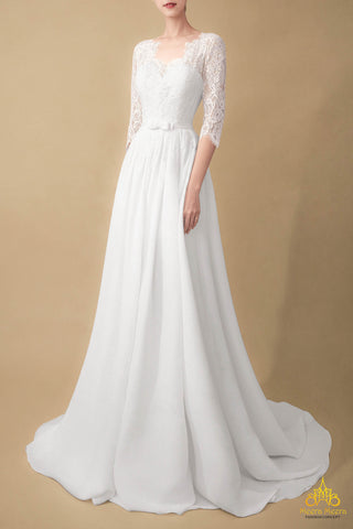 váy cưới ren Chantilly tay lỡ kèm tùng lụa tháo rời