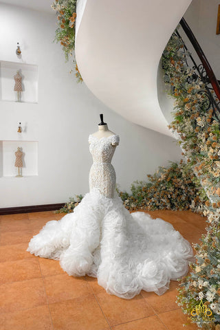 váy cưới trumpet trễ vai hoa hồng 3d