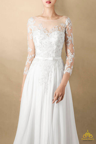 áo cưới lụa tay lỡ đính ren dáng A suôn