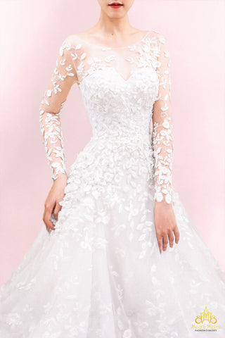 váy cưới công chúa cổ thuyền tay dài xuyên thấu kết ren