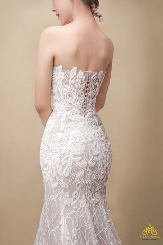 thiết kế váy cưới dạ hội cúp ngực đính kết ren tinh xảo