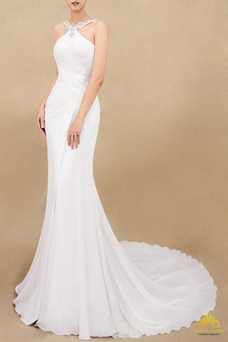 áo cưới đuôi cá cổ chéo tùng lụa