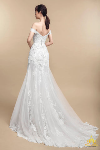 ÁO CƯỚI FIT AND FLARE LƯỚI TRỄ VAI ĐÍNH KẾT CÔNG PHU