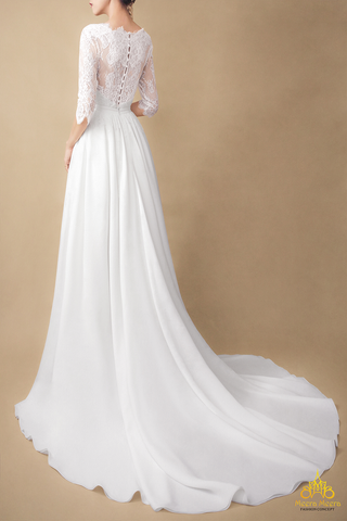 áo cưới tay lỡ ren Chantilly tùng lụa rời 2 trong 1