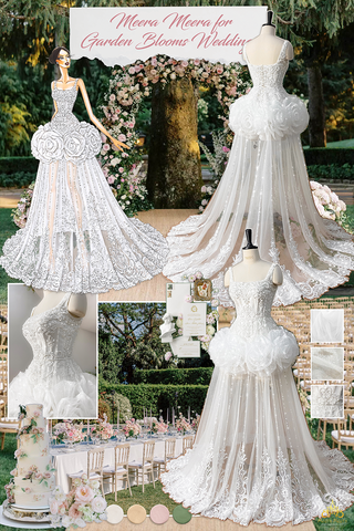 váy cưới xuyên thấu cổ U đính hoa hồng oversize