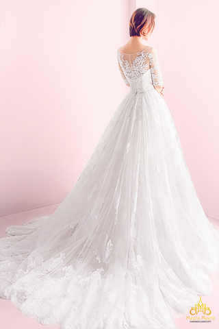 Áo cưới chữ A lưới tay lỡ xuyên thấu ren KH1405 May áo cưới Meera Meera