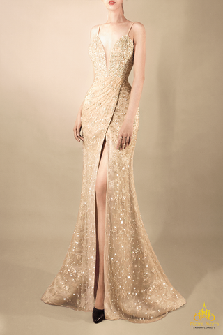 áo cưới dạ hội xẻ tà màu vàng đồng