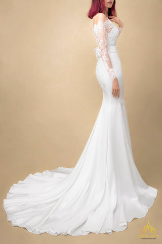 váy cưới đuôi cá lụa tay dài ren