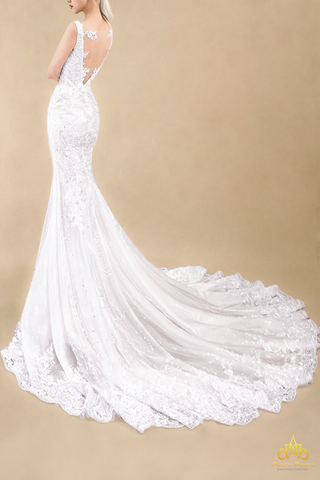 váy cưới đuôi cá voan hở lưng đính kết lấp lánh