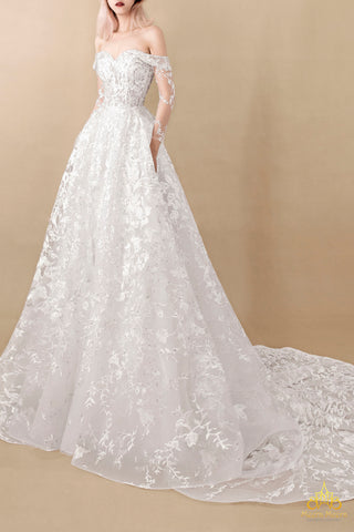 váy cưới ren xuyên thấu trễ vai