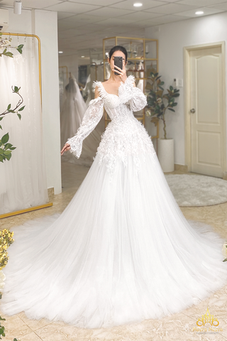 áo cưới tay dài bishop ren tùng chuông