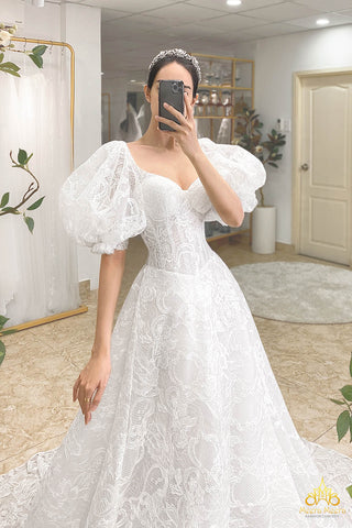 váy cưới tay phồng hạ eo