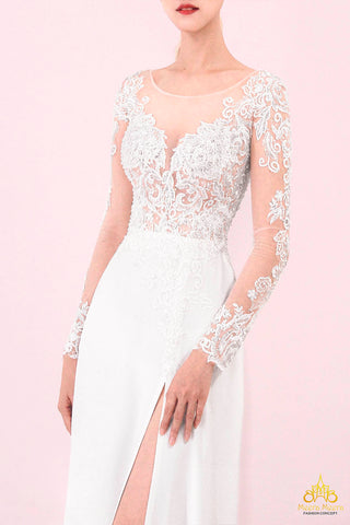 váy cưới dạ hội lụa xẻ tà tay dài ren