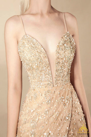 váy cưới dạ hội màu vàng đồng lấp lánh