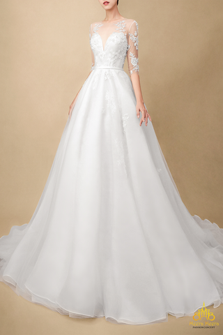 váy cưới chữ A voan tay lỡ