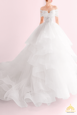 áo cưới công chúa xếp tầng trễ vai