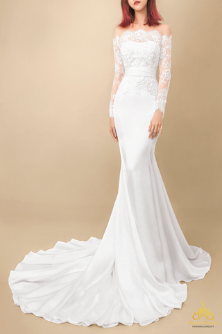 áo cưới đuôi cá lụa trễ vai ren Chantilly