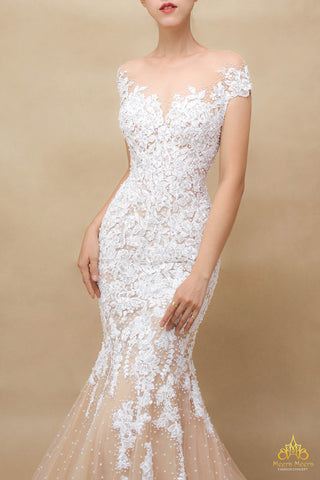 áo cưới đuôi cá màu da thêu ren