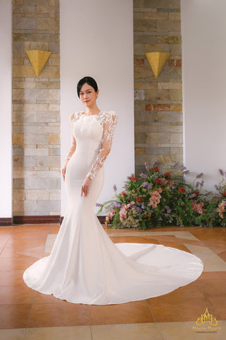 áo cưới đuôi cá lụa tay đùi cừu phối ren