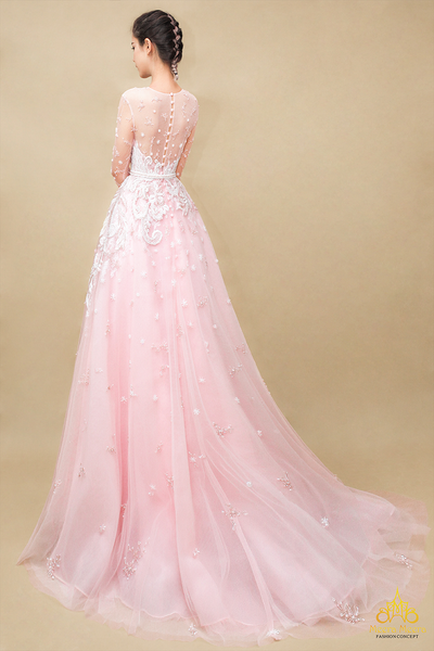 áo cưới dạ hội màu hồng dâu tay dài