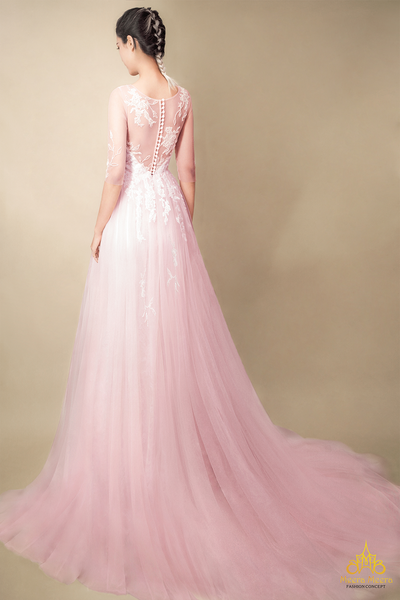 áo cưới màu hồng dâu tùng lưới tay lỡ phối ren