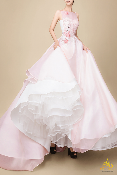 áo cưới công chúa voan màu hồng pastel