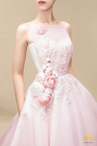 áo cưới voan màu hồng pastel đính hoa 3D